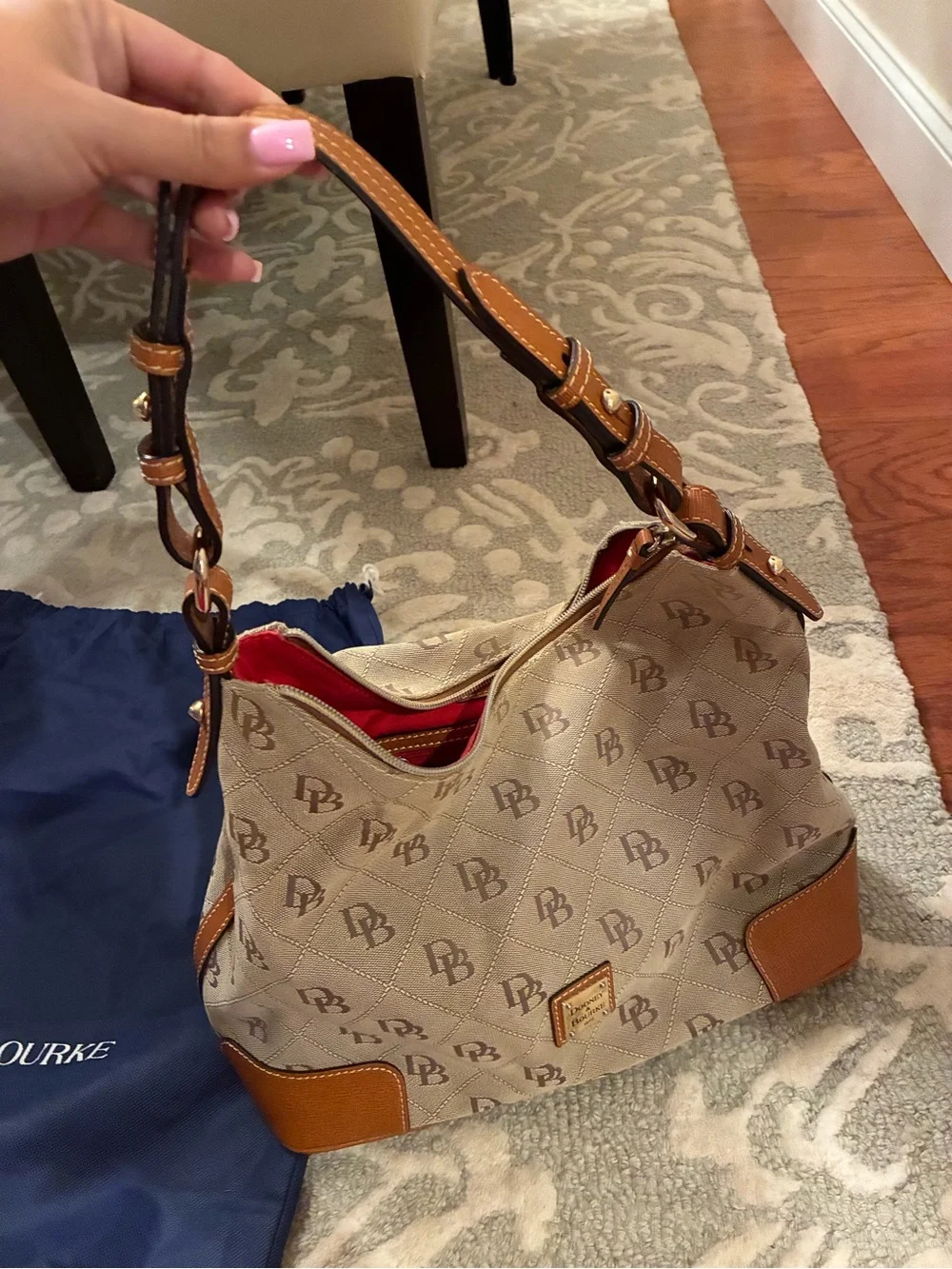 Dooney & Bourke Tan Logo Quilted Hobo with Cognac Trim Purse
